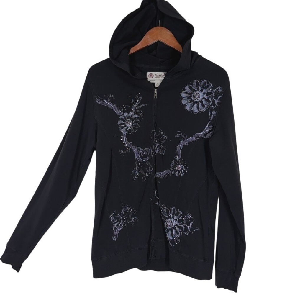 One World Special Edition Womens Full Zip Hoodie XL Black Floral Rhinestone Y2K